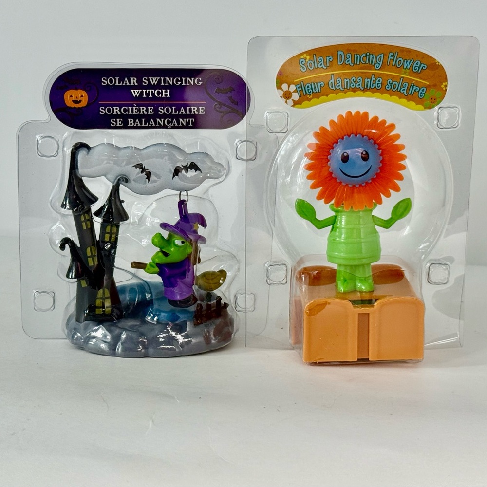 2 Solar Powered Dancing Bobbles Witch & Flower New